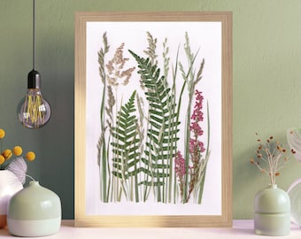 Pressed fern wall art made of real preserved fern leaves with heathers and grasses, Handmade fall decor for home and office, Oshibana art