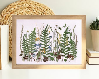 Pressed and dried fern leaves with forget me nots and grasses, Boho wall decor, Handmade home decor, Pressed flower frame, Real flower art