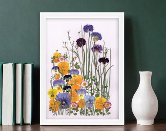 Perfect gift for her, Pressed flowers frame, Handmade and unique, Real flowers art, Pansies, Cornflowers, Daisies, Wabi sabi wall art