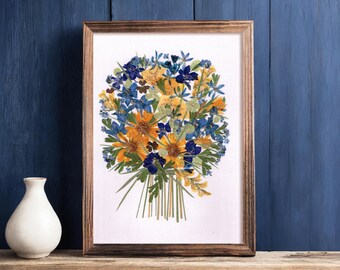 Boho wall art made of real pressed flowers and dried plants, Preserved flower arrangement, Pressed flower frame, Handmade and unique