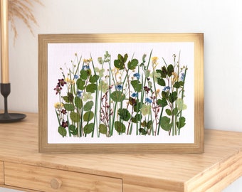 Green decoration, Sage-colored home decor, Handmade and unique gift, Pressed flower frame made of real plants and flowers, Japandi decor