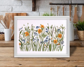 Original and unique botanical art, Flowers in frame, Dry flowers framed, Real pressed flowers and dreid plants, Forget-me-not flowers
