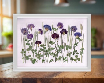 Blue cornflowers with dried wheat and meadow foliage, Handmade and unique home decor, Boho wall art, Pressed flower frame, Dried flowers