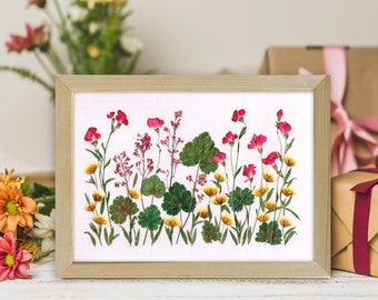 Boho wall art with real pressed flowers and dried leaves, Yellow flowers and pink flowers in handmade and unique flower frame, Japandi decor