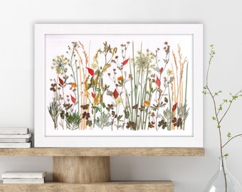 Botanical frame with real dried grasses and plants, Pressed flowers frame, Oshibana art in wabi sabi style, Cottage wall art, Farmhouse art