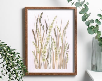 Dried grasses in unique handmade decor, 8/12" meadow in the frame, Handmade and one-of-a-kind summer decor, Oshibana art, Shelf decor