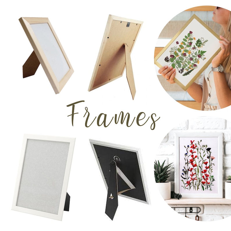 May include: Four different picture frames, two with a natural wood finish, one with a white finish, and one with a black finish. Each frame has a stand on the back for displaying on a table or shelf. The word "Frames" is written in brown text below the frames.