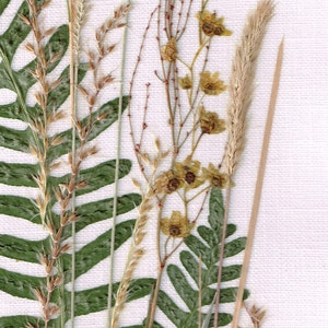 May include: A pressed flower arrangement featuring dried ferns, grasses, and small yellow flowers on a white background.