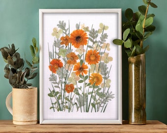 Handmade and unique flower decor, Pressed and dried flowers and grasses in the frame, Real wildflowers wall art, Oshibana art, Gift for her