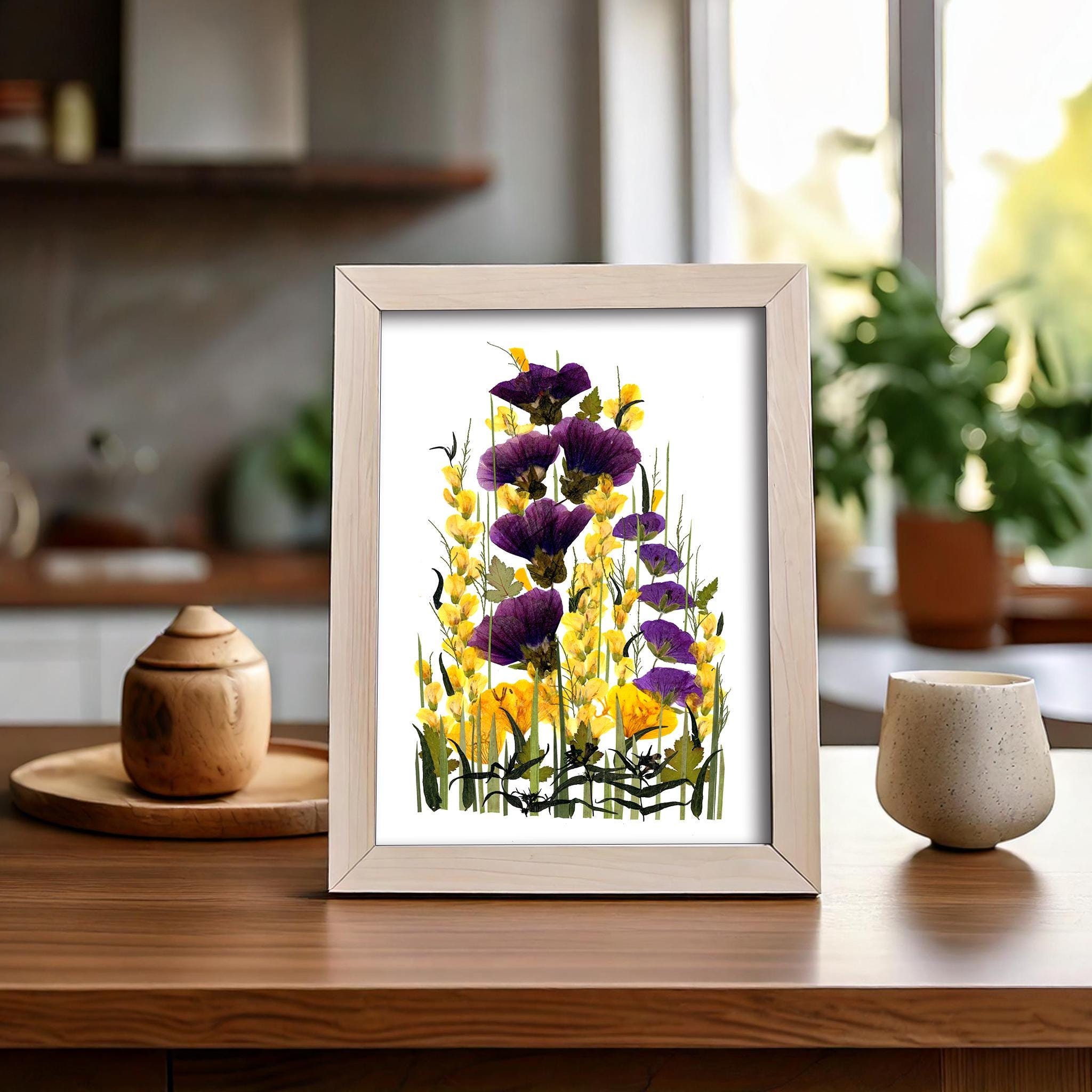 Handmade boho wall art made of real pressed flowers and dried plants, Pressed flower frame, Dried plants art, Floral wall hanging
