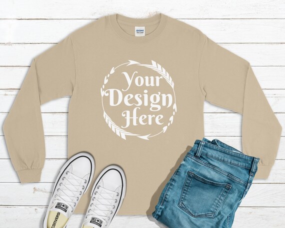 Download Long Sleeve T Shirt Mockup Unisex Shirt Sand Gildan 2400 Realistic T Shirt Mockup Psd All Free Mockups PSD Mockup Templates