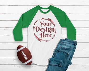 Download Free Football Raglan Shirt Mockup Green White Shirt | Flat Lay Winter Mockup | Blank Shirt | Football Mockup | Feminine Flat Lay | Baseball Tee PSD Template