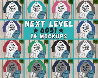 Download Free MEGA BUNDLE 14 Mockups Next Level 6051 3/4 Sleeve Multi Colors Mock Ups Unisex TShirt Tees | Flat Lay | Outfit | Blank Shirts for Designs PSD Template