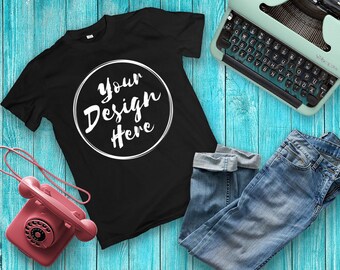 Download Free Black Bella Canvas 3001 Tshirt Mockup With Jeans, Retro Typewriter, On Distressed Wood Background Hi Resolution 300 ppi Jpeg Tshirt Mock PSD Template
