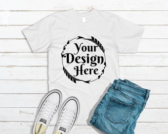 Download Free Bella Canvas 3001 White Unisex T Shirt Mockup T Shirt Mockup Mock Up T Shirt Mockup Blank Shirt For Designs Wood Background Best Free Psd Mockups To Download PSD Mockup Template