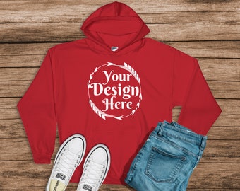 Download Free Gildan 18500 Hooded Sweatshirt Brand Red Hoodie Mockup T Shirt Mockup Gildan Flat Lay Shirt Mock Up Wooden Background Free Psd Mockup Template PSD Mockup Template