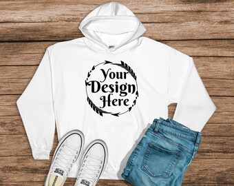 Download Free Gildan 18500 Hooded Sweatshirt Brand White Hoodie Mockup T Shirt Mockup Gildan Flat Lay Shirt Mock Up Wooden Background Best Quality Mockups Psd Mockups Free PSD Mockup Template