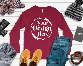 Download Free Bella Canvas 3501 Long Sleeve Cardinal Unisex TShirt Tee | Mock Up | Flat Lay | Outfit | Blank Shirt for Designs | Winter Mockup PSD Template
