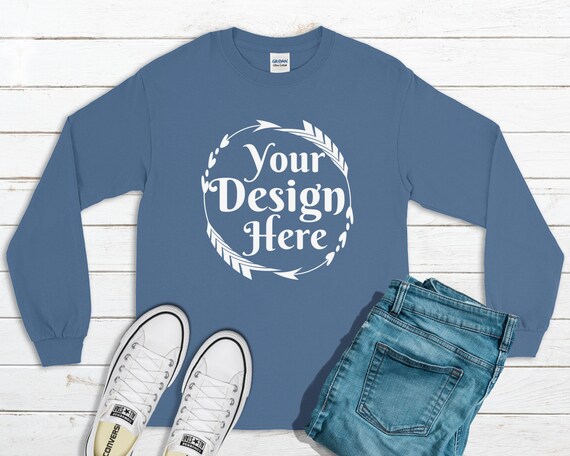 Long Sleeve T-Shirt Mockup Unisex Shirt Indigo Blue Gildan