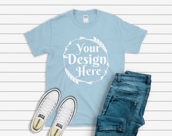 Download Free Gildan 64000 Light Blue Unisex T-shirt Flat Lay - T-Shirt Mock Up - Mock Up - Flat Lay - Basic Flat Lay - Blank Shirt for Designs PSD Template