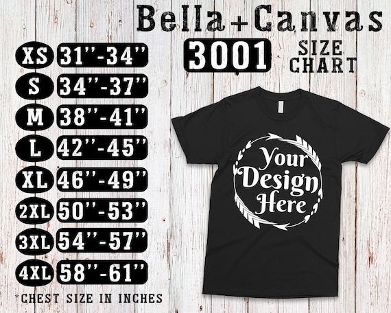 Bella Canvas 3001 Size Chart T-Shirt Mockup Flat Lay