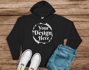 Gildan 18500 Hooded Sweatshirt Brand Black Hoodie Mockup T Shirt Mockup Gildan Flat Lay Shirt Mock Up Wooden Background Best Quality Mockups Psd Mockups Free