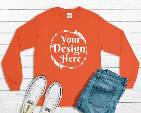 Long Sleeve T-Shirt Mockup Unisex Shirt Orange Gildan 2400 Long Sleeve T-Shirt Mockup Unisex Shirt Orange Gildan 2400