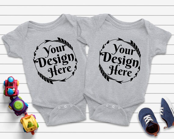 Two Blank Heather Grey Baby Bodysuits Shirt Mockup