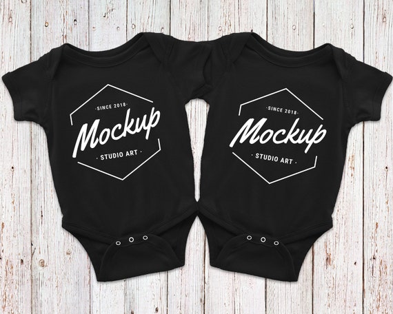 Two Blank Black Baby Bodysuits Shirt Mockup Twin