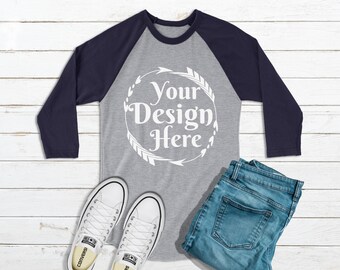 Download Raglan Mockup, Winter Holiday Heather Grey - Navy Raglan ...