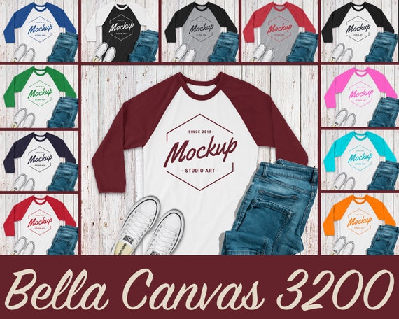 Bundle 12 Mockups Bella Canvas 3200 Raglan Mockup Shirt
