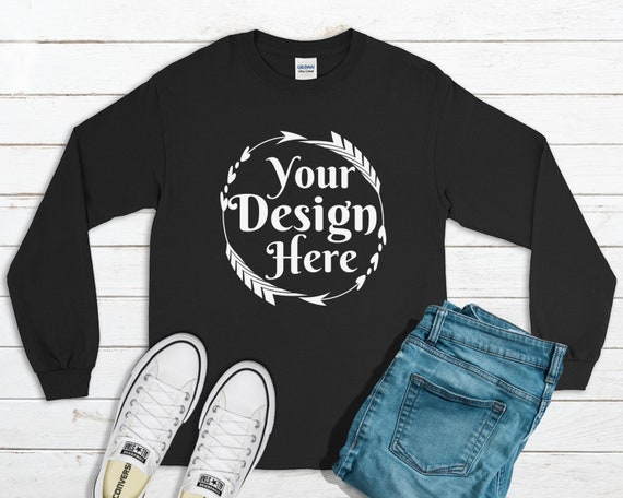 Download Long Sleeve T-Shirt Mockup Unisex Shirt Black Gildan 2400 ...