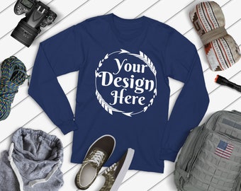 Download Free Bella Canvas 3501 Long Sleeve Navy T-Shirt Apparel Mockup, Hunting, Nature, Camp Fashion Styled Stock Photography, Flat Lay Mock Up PSD Template