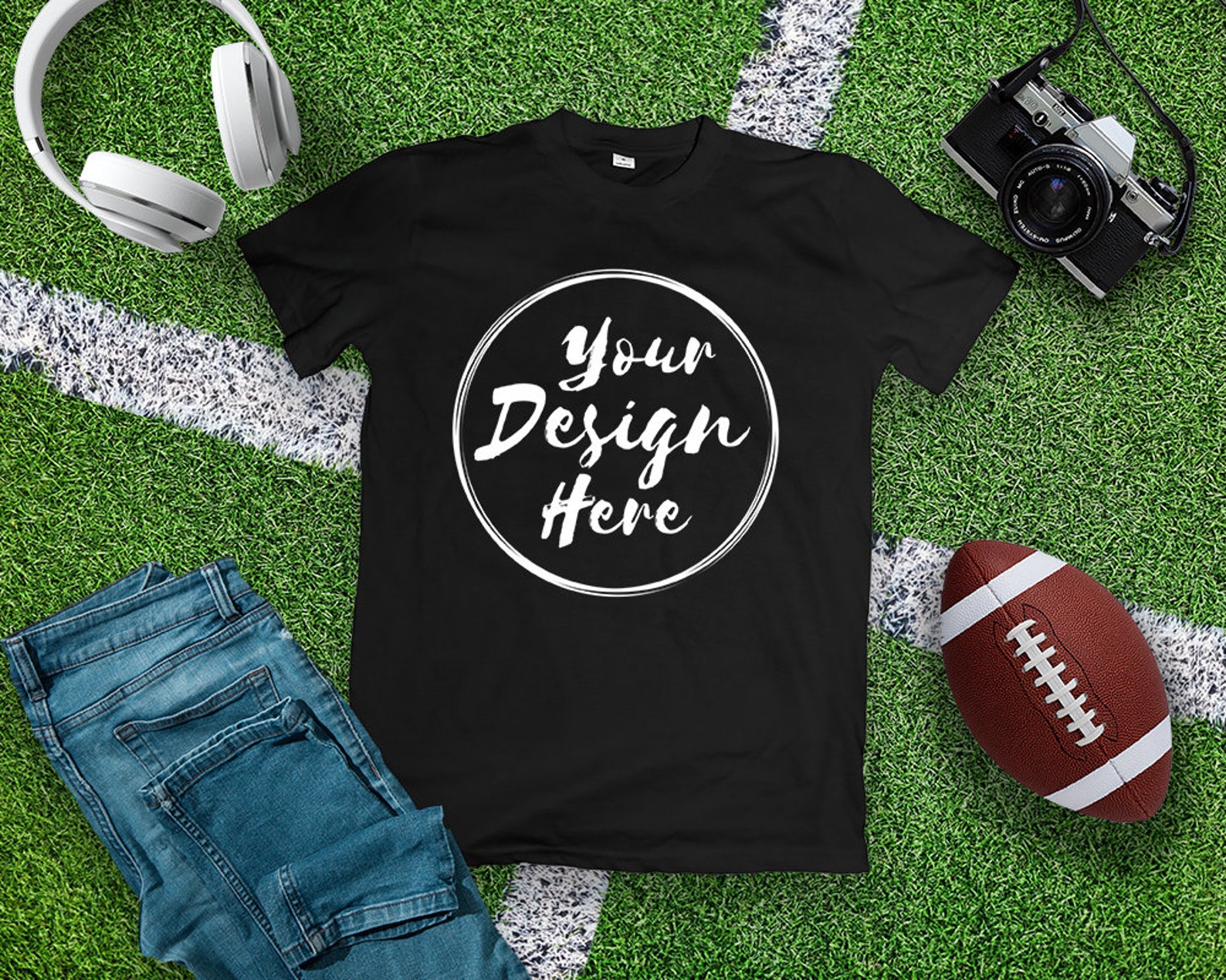Blank Black Football T-Shirt Apparel Mockup Top View Fashion | Etsy