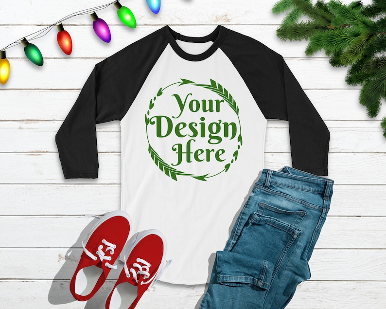 Download Raglan Christmas TShirt Mockup Red White Shirt Flat Lay Winter | Etsy
