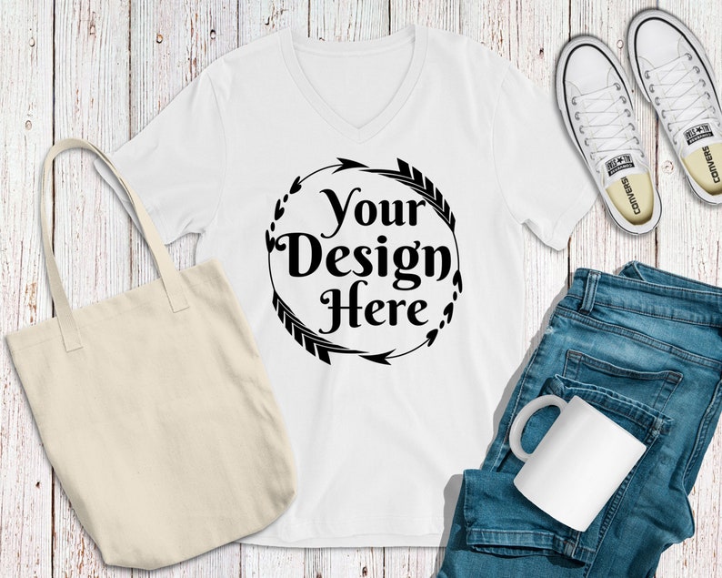 Bella Canvas 3005 white Unisex Tshirt Mock Up with Tote