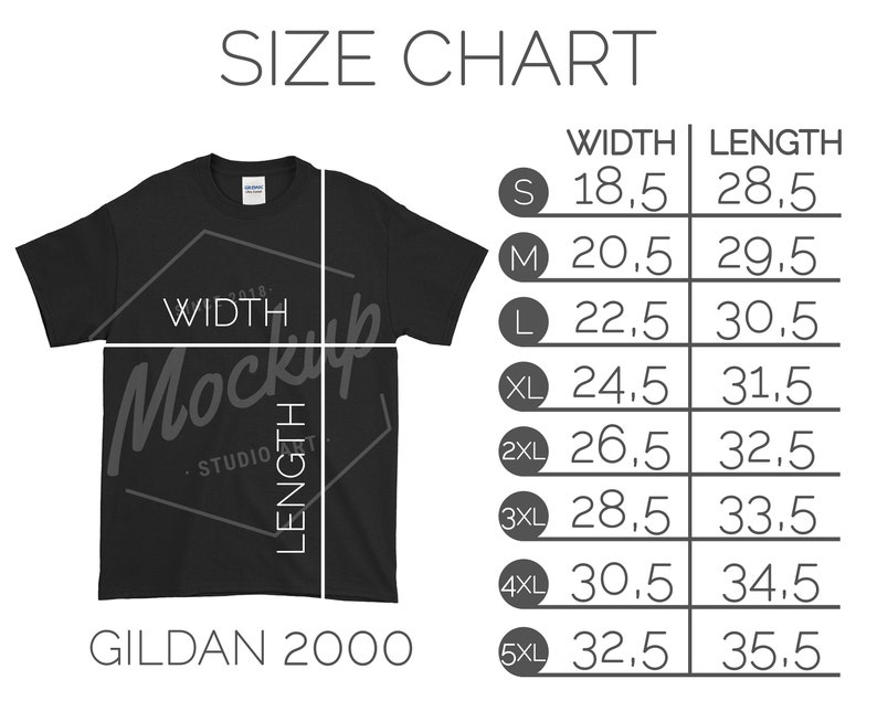 Gildan 2000 Size Chart Flat Lay Mockup T-shirt Shirt Size | Etsy