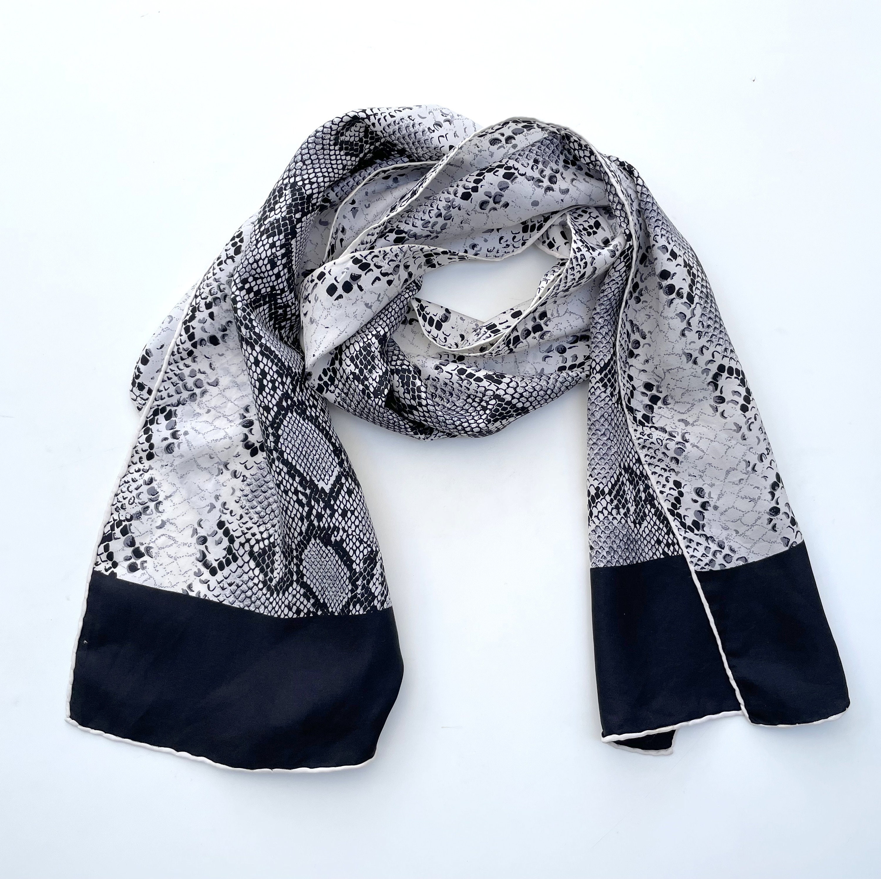 Long Black White Silk Scarf, Vintage Silk Scarf, Animal