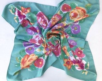 Rose Print Scarf, Vintage Floral Scarf, Colorful Flowers, Turquoise Scarf, Vintage Gift for Her, Vintage Accessories, Rose Garden Scarf,