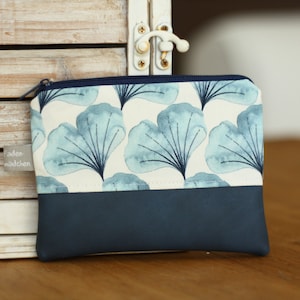 Kosmetiktäschchen S GINKGO blau weiß Kunstleder Kosmetiktasche Kleines Täschchen Portemonnaie Geldbörse