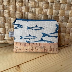 Kleines Schlüsseletui FISCHE aus Kork und Baumwolle in blau Mini-Geldbörse Schlüsseltasche Schlüsseltäschchen