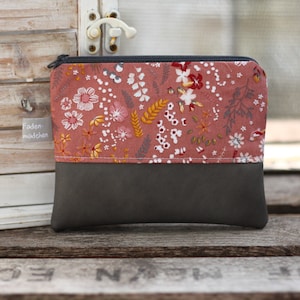 Kosmetiktäschchen S YOKO Blumen rostrot grau Kunstleder kleines Portemonnaie Schminktäschchen Schminktasche