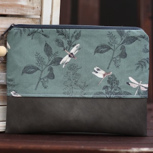 Kosmetiktasche M ELENA Libellen petrol Kunstleder grau mit Holzperle Schminktasche Täschchen