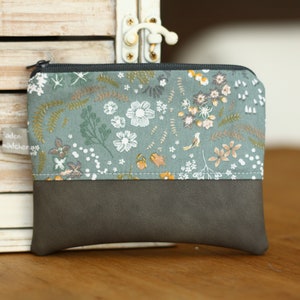 Kosmetiktäschchen S YOKO Blumen grün grau Kunstleder kleines Portemonnaie Schminktäschchen Schminktasche