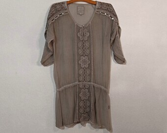 Vintage Faded Gray Embroidered Sheer Blouse Tunic, Oversized XS