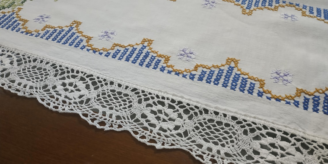 Hand Embroidered Linen Tablecloth Cross Stitch Rectangle | Etsy