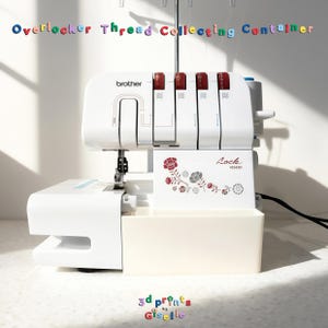 May include: A white plastic overlocker thread collecting container attached to a white Brother Lock M343D sewing machine. The machine features four red tension dials, a floral graphic, and the text Overlocker Thread Collecting Container.