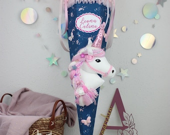Fabric school cone with horse and unicorn design for girls, matching school bag, unique 3D appliqué
