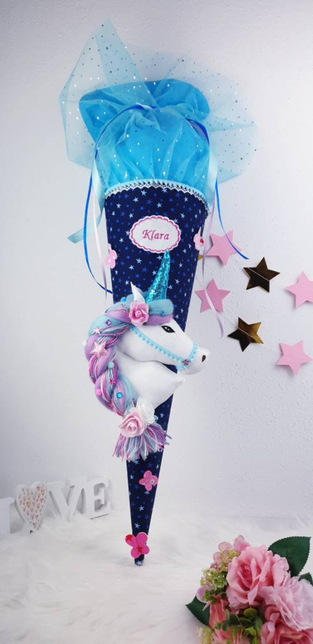 Schultüte Mit 3D-SAMT-Flockdruck – Einhorn & Blumenranken In Lila/violett, Personalisierbar