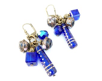 Boucles d'oreilles Brocante avec perles de verre tchèques bleues faites à la main